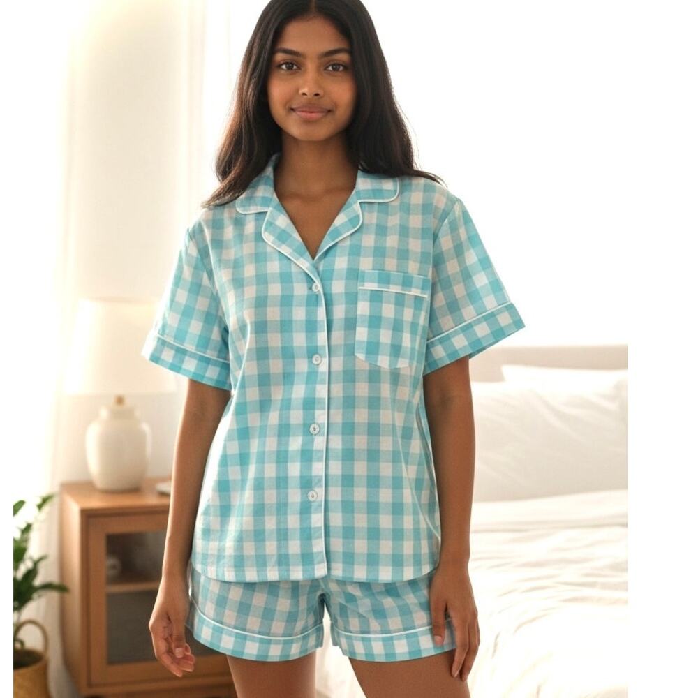 EUC Bedhead Turquoise Check Short Sleeve 100% Woven Cotton Shorty Pajama Medium